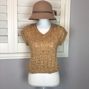 Vintage crochet sweater vest gold tan w/brown